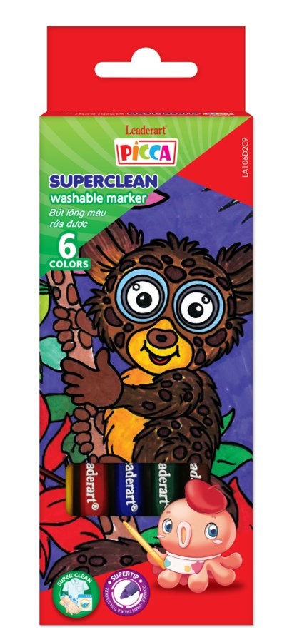 Hộp 6 màu bút lông màu rửa được Superclean Leaderart